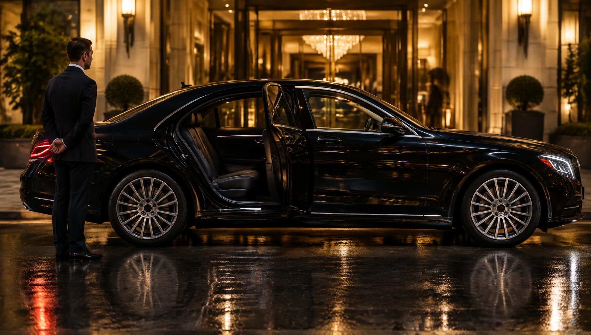 Chauffeur opening the rear door of a black executive saloon outside a hotel at night